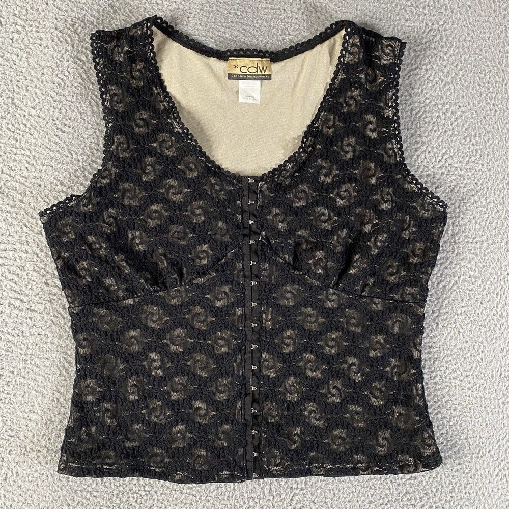Vintage CDW Top Womens Large Black Hook & Eye Lace Babydoll Y2K Whimsigoth Fairy